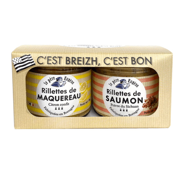 Rillette en coffret saumon poivre de sichuan & Maquereau Citron Confit preparée en Bretagne