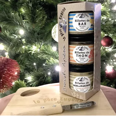 Coffret 3 rillettes 90gr, le tartineur et la planche apéritive Le Père Eugène